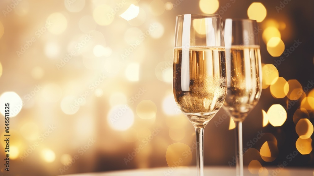 champagne glasses on golden background with out of focus lights. christmas wallpaper. champagne glasses on golden background with out of focus lights. christmas wallpaper.