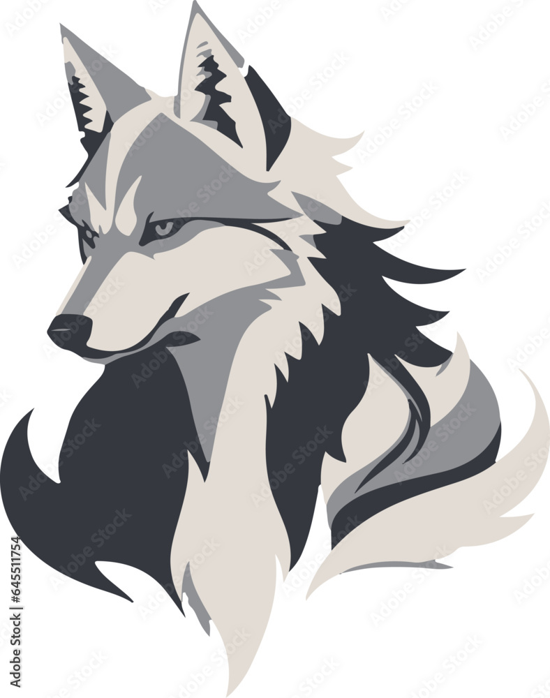 Grayscale vector illustration of a wolf head for logo, symbol, sticker, tattoo t-shirt design, simple flat design on a white background