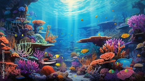 a colorful coral garden, with intricate patterns and vibrant marine life, highlighting the beauty of coral ecosystems