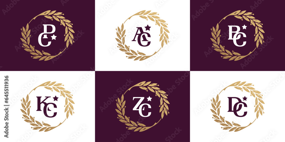 Set frame circle leaf and initial logo inside Set frame circle leaf and initial logo inside
