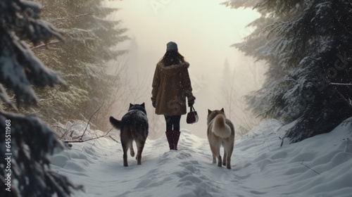 Woman walking with dogs on trail in the woods