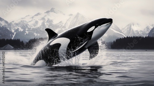 a majestic orca leaping gracefully out of the water  its black and white markings and powerful presence frozen in high resolution