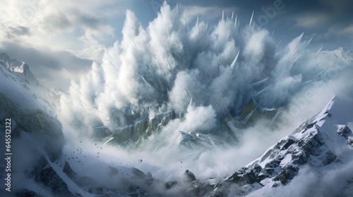 a massive avalanche cascading down a snow-covered mountain  with the rush of snow and ice capturing the raw power