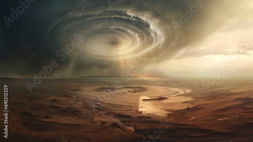 a massive dust devil spiraling across a barren landscape  with the towering vortex of swirling dust and debris creating a mesmerizing scene of natural energy