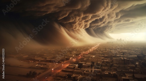 a massive dust storm engulfing a desert city, with the swirling clouds of dust and sand creating an apocalyptic yet mesmerizing scene in high resolution