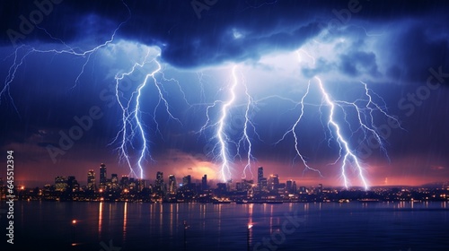a massive lightning storm over a city skyline  with bolts of electricity illuminating the night and the electrifying display frozen