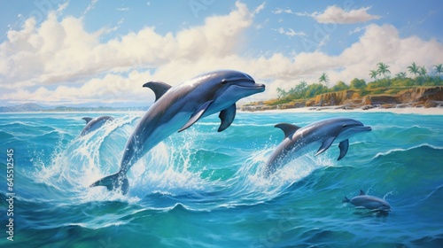 a pod of dolphins gracefully leaping through crystal-clear ocean waters, their playful elegance frozen in high resolution