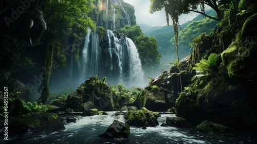 a powerful and cascading waterfall in a lush rainforest, with mist rising and the sheer force of water creating a scene of natural splendor