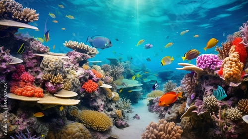 a pristine coral reef, teeming with vibrant marine life and colorful coral formations