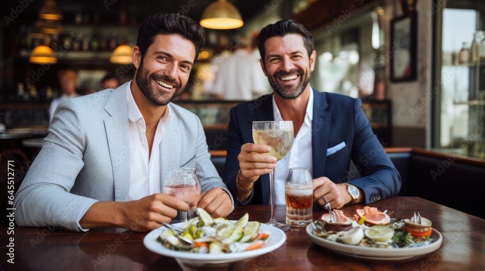 Two handsome men friends have lunch together. Generative AI