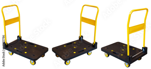 A modern cart with yellow handles and a black bottom for transporting items or barrels for a coffee shop or restaurant