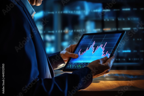 Businessman using tablet analyze sales data and economic growth graph chart