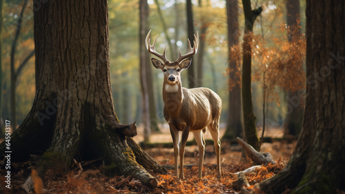 Portrait of majestic powerful adult red deer stag in Autumn Fall forest, AI Generative. © Miry Haval