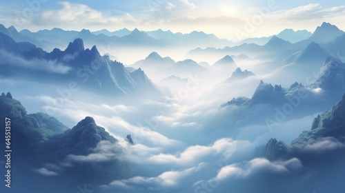 a serene and ethereal sea of clouds filling a mountain valley, with peaks rising like islands in a sea of mist © Muhammad