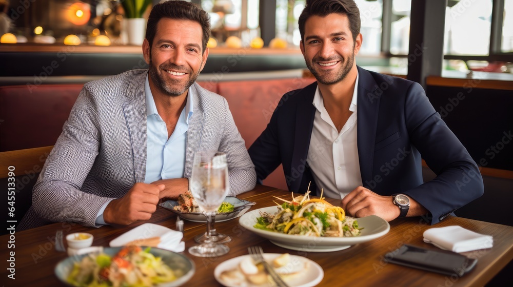 Two handsome men friends have lunch together. Generative AI Two handsome men friends have lunch together. Generative AI