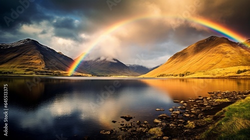 a stunning double rainbow arching over a picturesque mountain range
