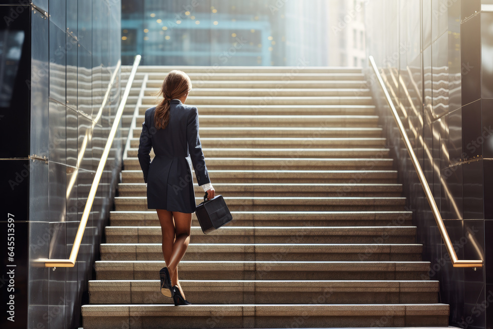 Corporate business woman stepping off a block of stairs