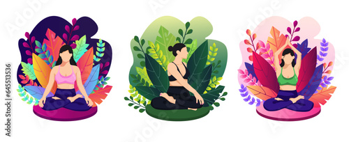 Set of three young faceless woman practicing yoga. Cartoon gradient vector flat illustration for mobile app, website, landing page and others. Template for presentation