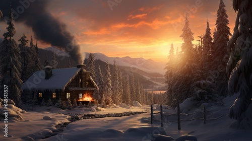 a tranquil winter cabin in the woods, with smoke rising from the chimney, and a pristine snowscape stretching as far as the eye can see