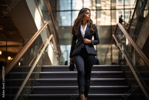 Corporate business woman stepping off a block of stairs