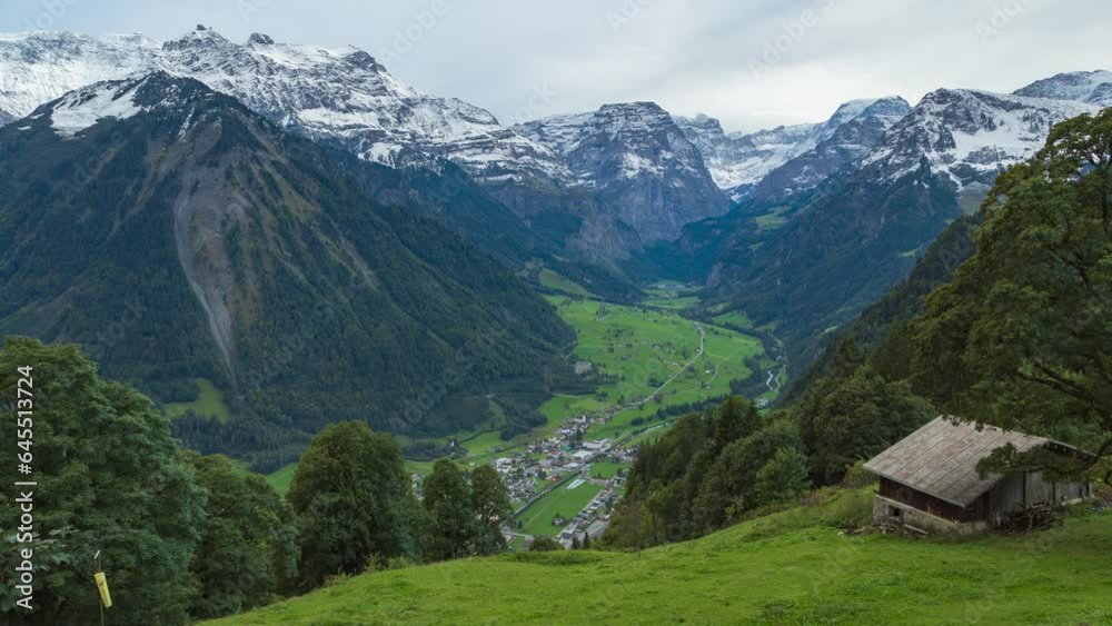 Timelapse, view of the Linth River valley, Linthal, Canton of Glarus, Switzerland Timelapse, view of the Linth River valley, Linthal, Canton of Glarus, Switzerland
