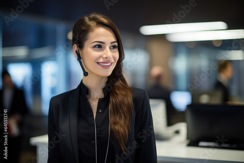 Portrait of call center worker wearing headsets and collaborating to solve customer issues
