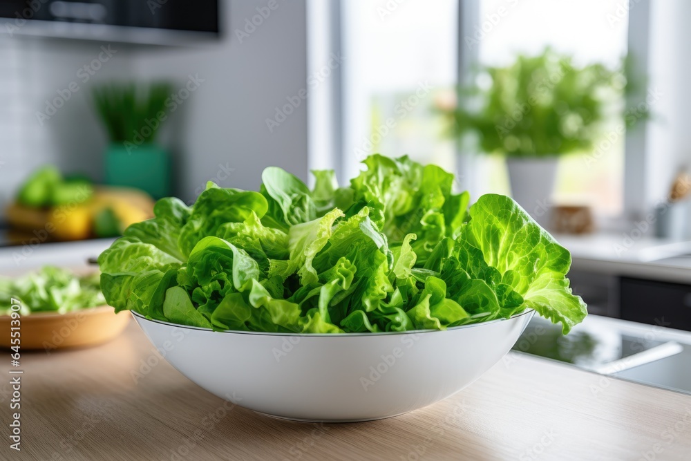 Full bowl of fresh green salad on the table in the kitchen Full bowl of fresh green salad on the table in the kitchen