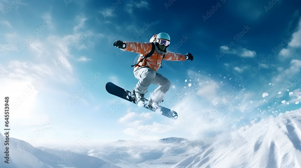 Flying snowboarder on mountains. Extreme winter sport. 3d rendering