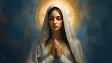 Virgin Mary, religious painting illustration. The image of the Blessed Virgin Mary in the dark blue sky.