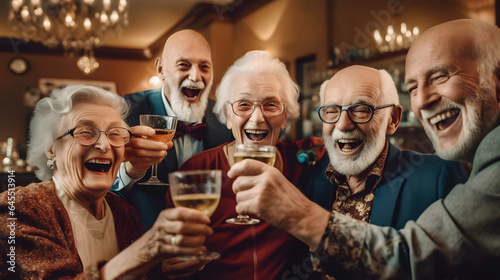 Cheerful senior friends toasting with glasses of champagne in bar