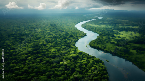 Aerial view over a tropical forest with a river meandering through the canopy and a clouded sky