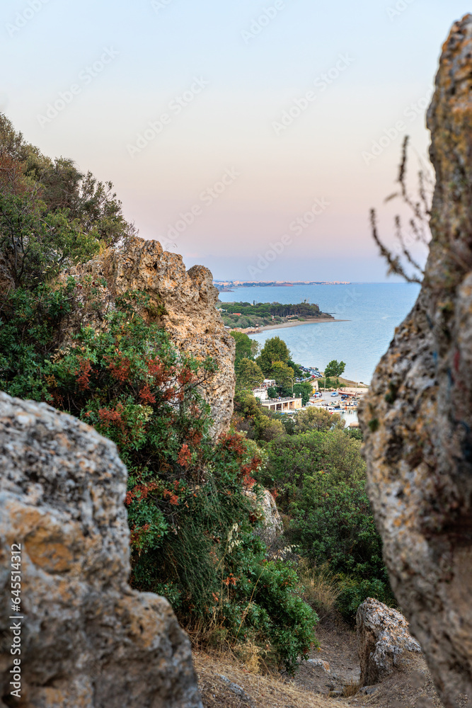 Panoramic view to Makri port from the Cyclops Cave near to Alexandroupolis Evros Greece, hiking path