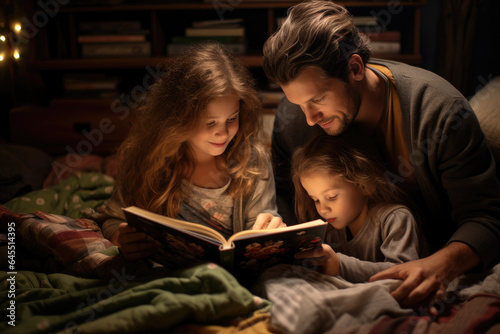 Parent reading bedtime stories, tucking in their children, and sharing a quiet, loving routine