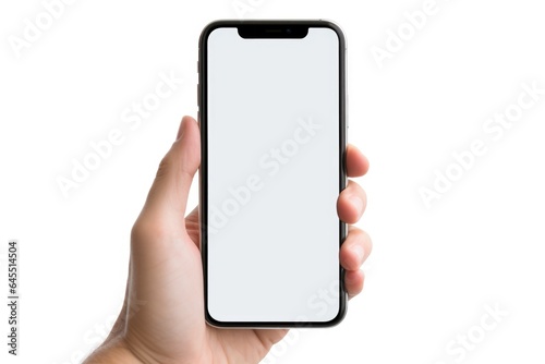 a man's hand holds a smartphone with a white screen on a white background. free space