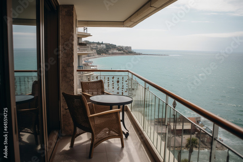 View of the sea from terrace of luxury hotel, holiday concept coastal getaway