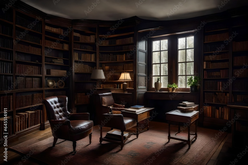The comfort and coziness of a farmhouse's study, with built-in bookshelves and a leather armchair