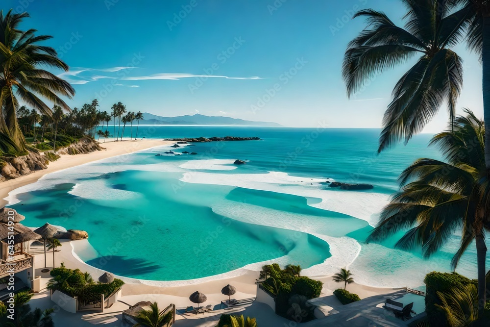 Fototapeta premium A breathtaking view from the windows of a beachfront residence, capturing the serene beauty of the endless ocean and a pristine beach
