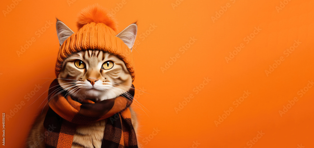 Cute Cat Dressed in a Fall/ Autumn Scarf and Hat on an Orange Background with Space for Copy Cute Cat Dressed in a Fall/ Autumn Scarf and Hat on an Orange Background with Space for Copy