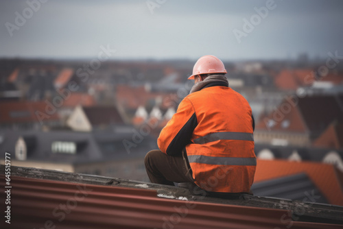 a construction worker takes a break sitting on the roof of a house while enjoying the heights of a urban landscape. moments of peace and rewarding concept.