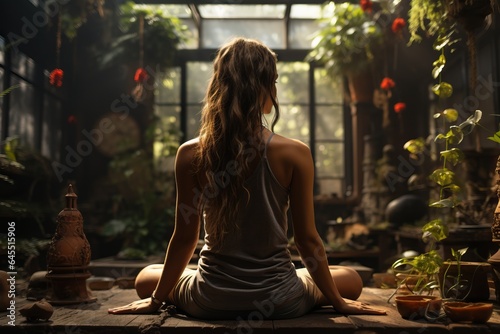 A young woman meditates. Concept of relaxation and healthy lifestyle.