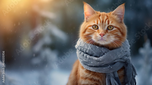 Red cat with a thick shawl outside in the snow.