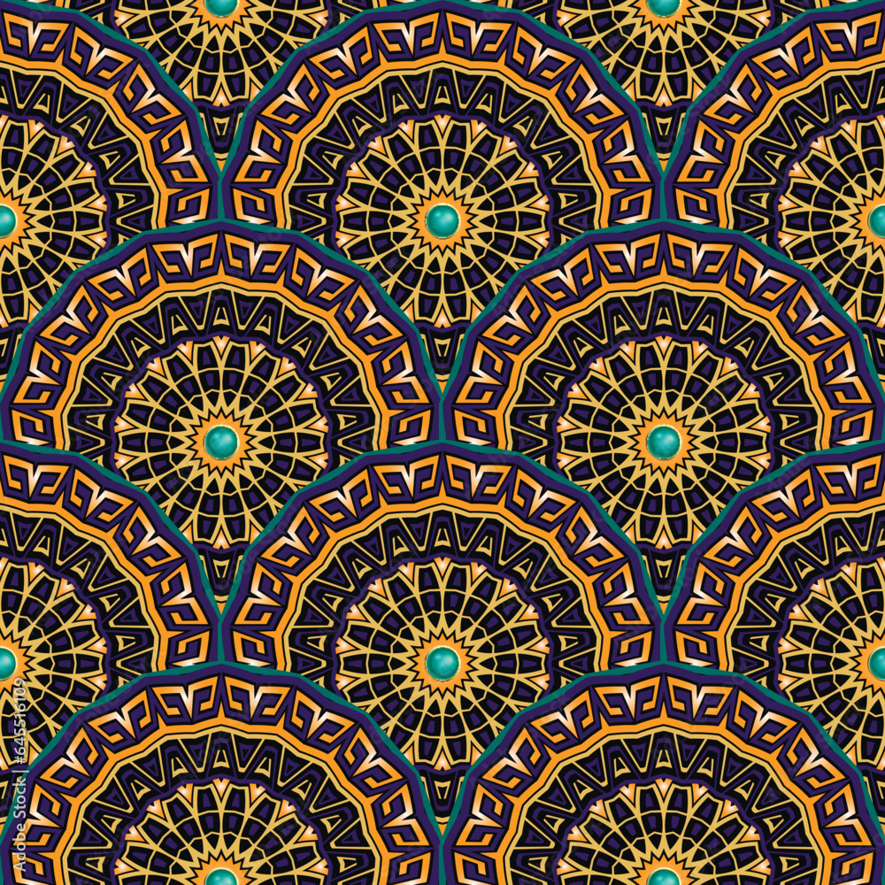 Tiled floral tribal ethnic greek style round mandalas with 3d buttons seamless pattern. Ornamental vector colorful background. Repeat deco backdrop. Beautiful mandalas ornament with greek key meander