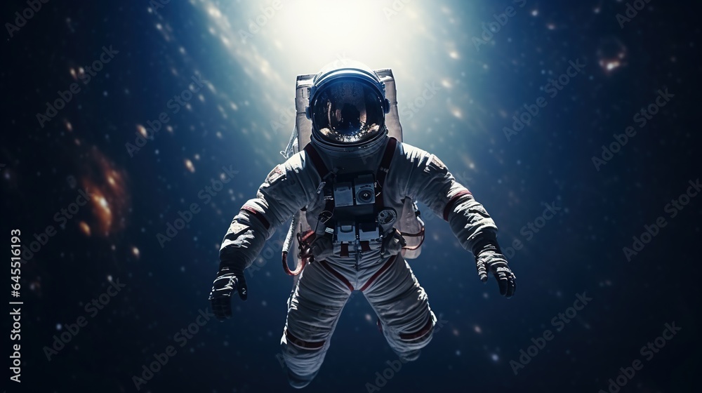 close shot, an astronaut floating, alone in space, stars in bacground