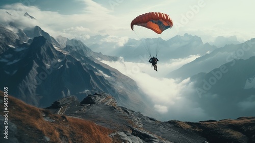 cinematic closeup shot of a person jumping with a parachute, incredible nature and mountains, cold color palette