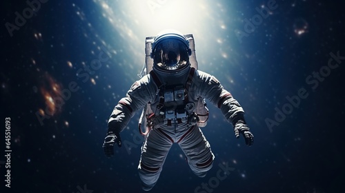 close shot  an astronaut floating  alone in space  stars in bacground