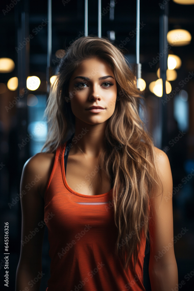 A portrait of a beautiful young fitness influencer girl wearing gym clothing