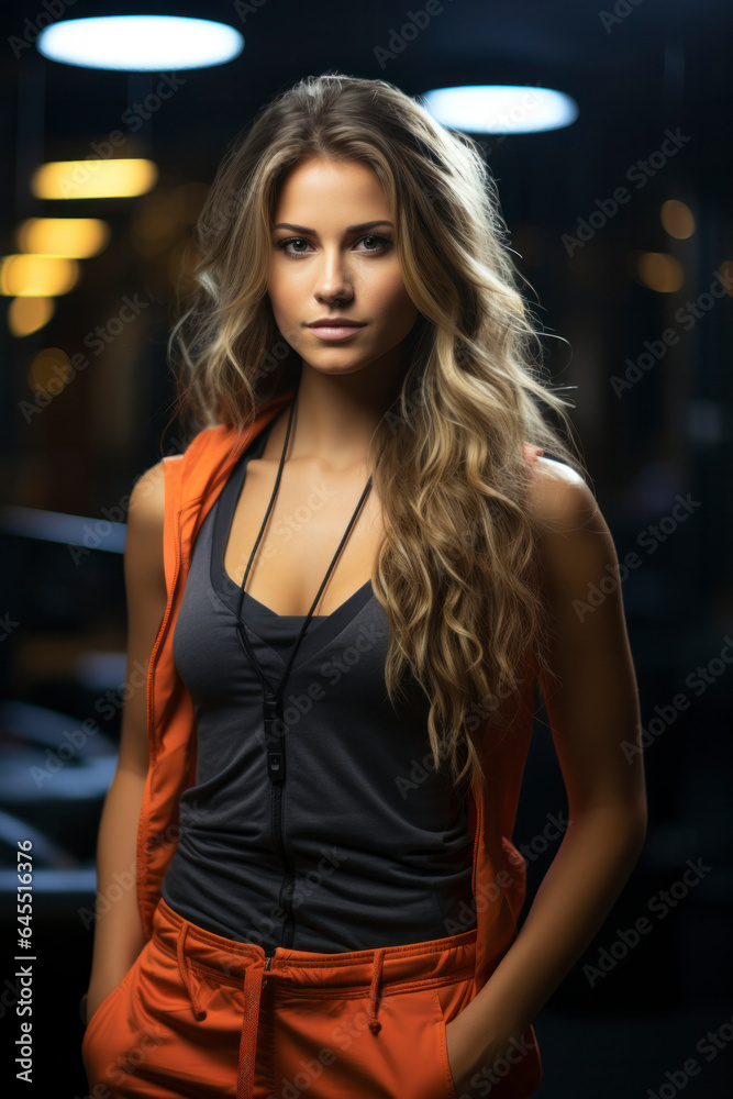 A portrait of a beautiful young fitness influencer girl wearing gym clothing
