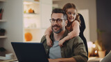 happy father working with laptop at home and hugging kid, remote freelance concept, generative AI