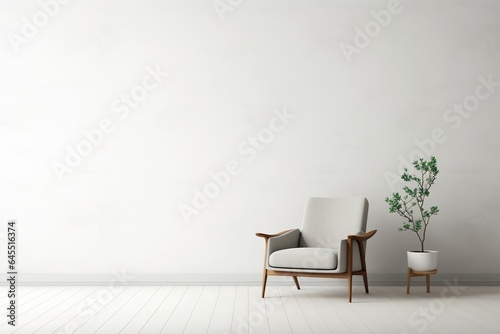 Modern minimalist interior with an armchair on empty white color wall background