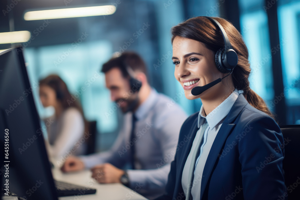 Portrait of call center worker wearing headsets and collaborating to solve customer issues Portrait of call center worker wearing headsets and collaborating to solve customer issues